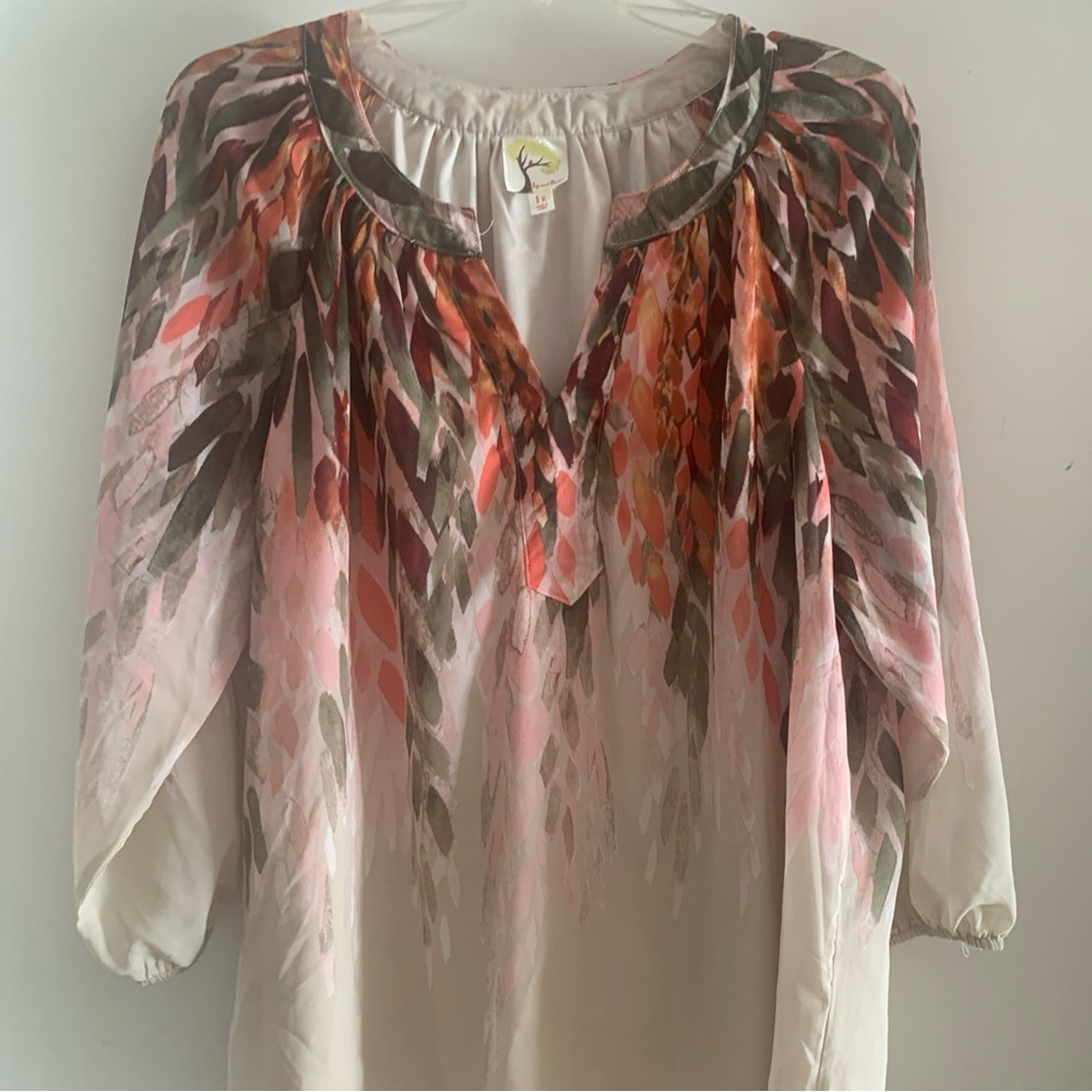 FIG & FLOWER Tunic Sheer Top -Lined -Fall Leaves-3/4 Sleeve Boho Pink Beige -1 X